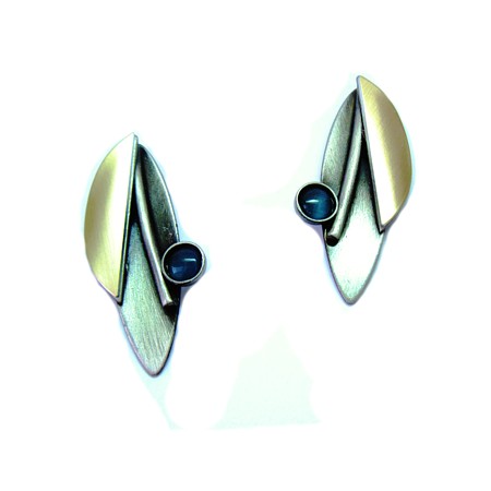 Blue Catsite Two-tone Long Stud Earrings by Christophe Poly - Click Image to Close